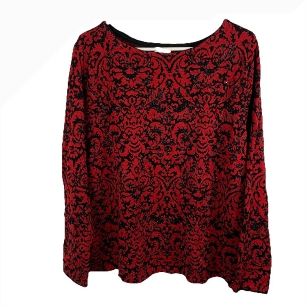 J. Jill Red Black Brocade Sweater Top Women XL Sparkle Damask Christmas Holiday